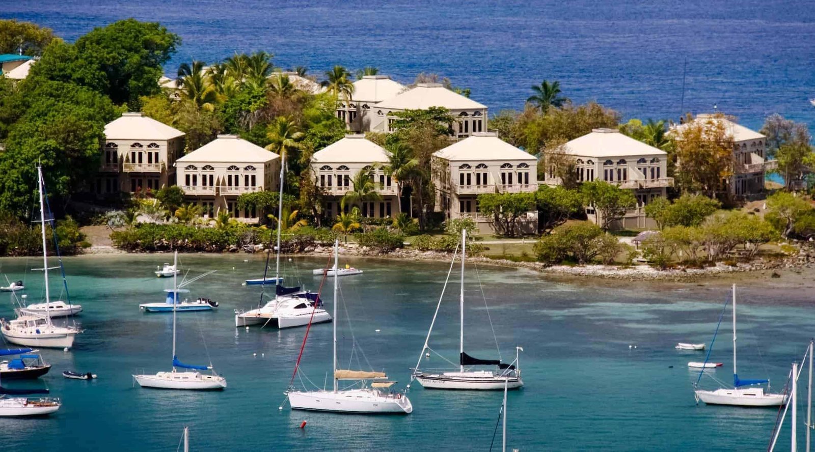 A gorgeous view from above the harbor in Cruz Bay on the island of St. John, in the US Virgin Islands. St. John is a fantastic place to pursue outdoor recreation activities such as hiking, swimming, snorkeling, scuba diving, kayaking, and fishing. St. John is a popular day trip destination for cruise ship passengers visiting nearby St. Thomas.