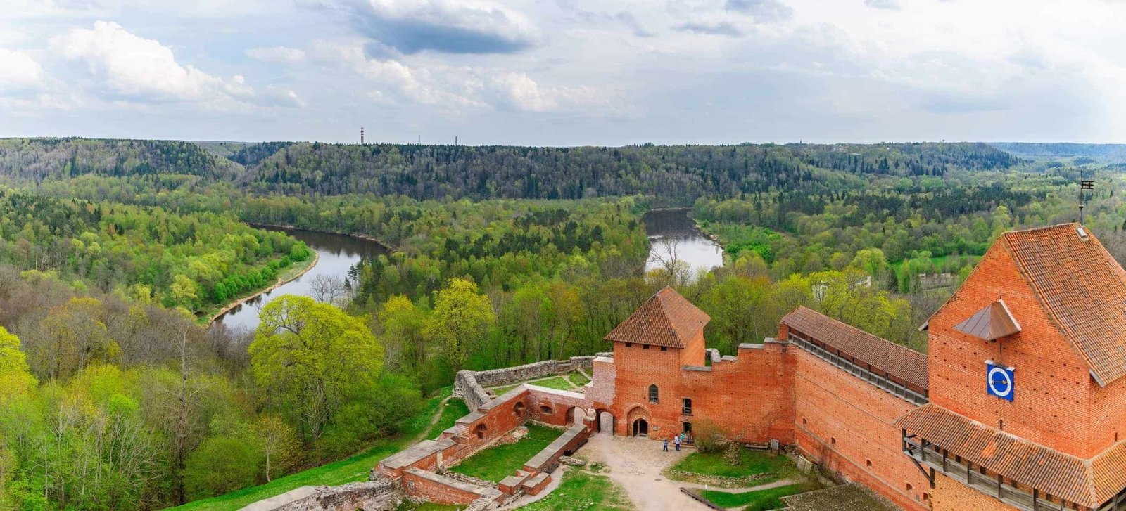 Bird view on Turaida castle and springtime Gauja river valley in Sigulda, Latvia