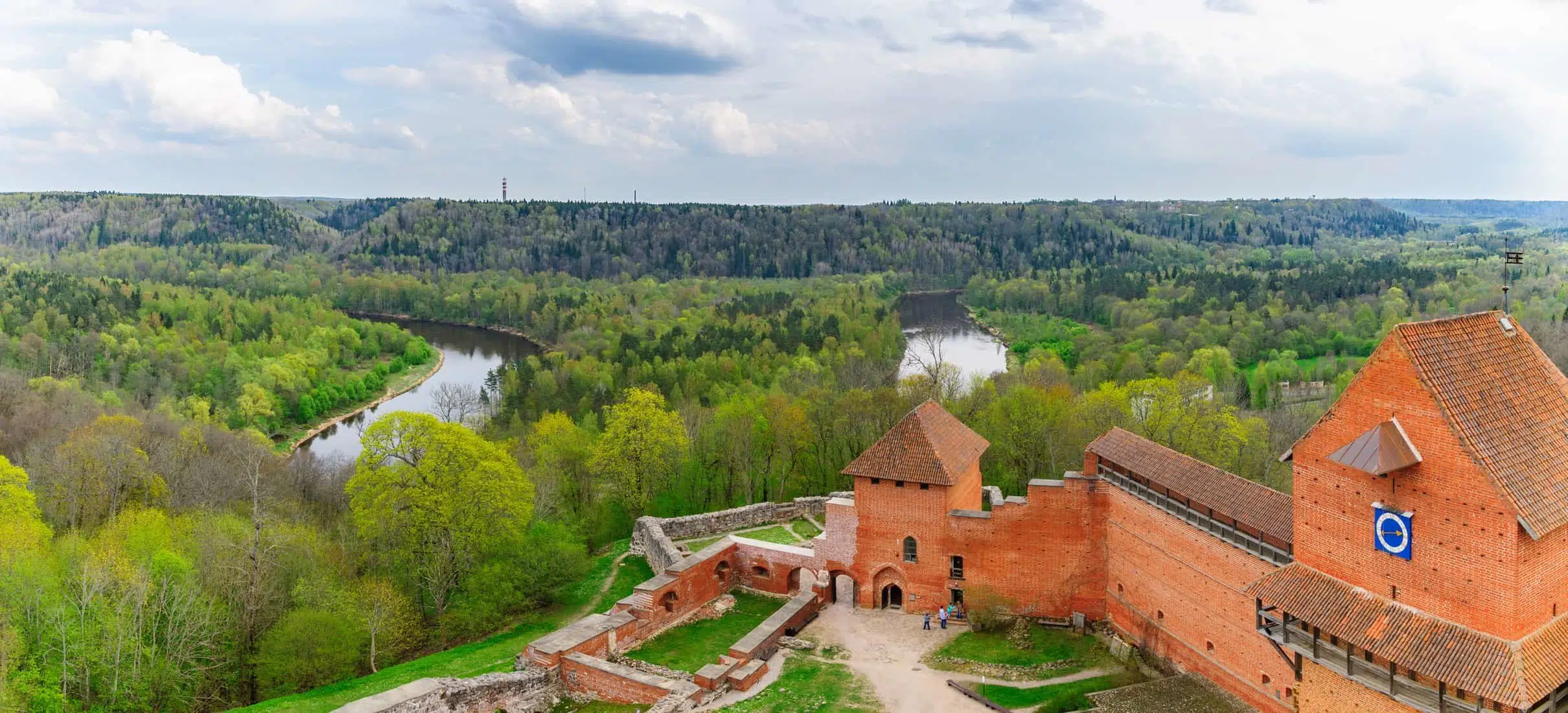 Bird view on Turaida castle and springtime Gauja river valley in Sigulda, Latvia