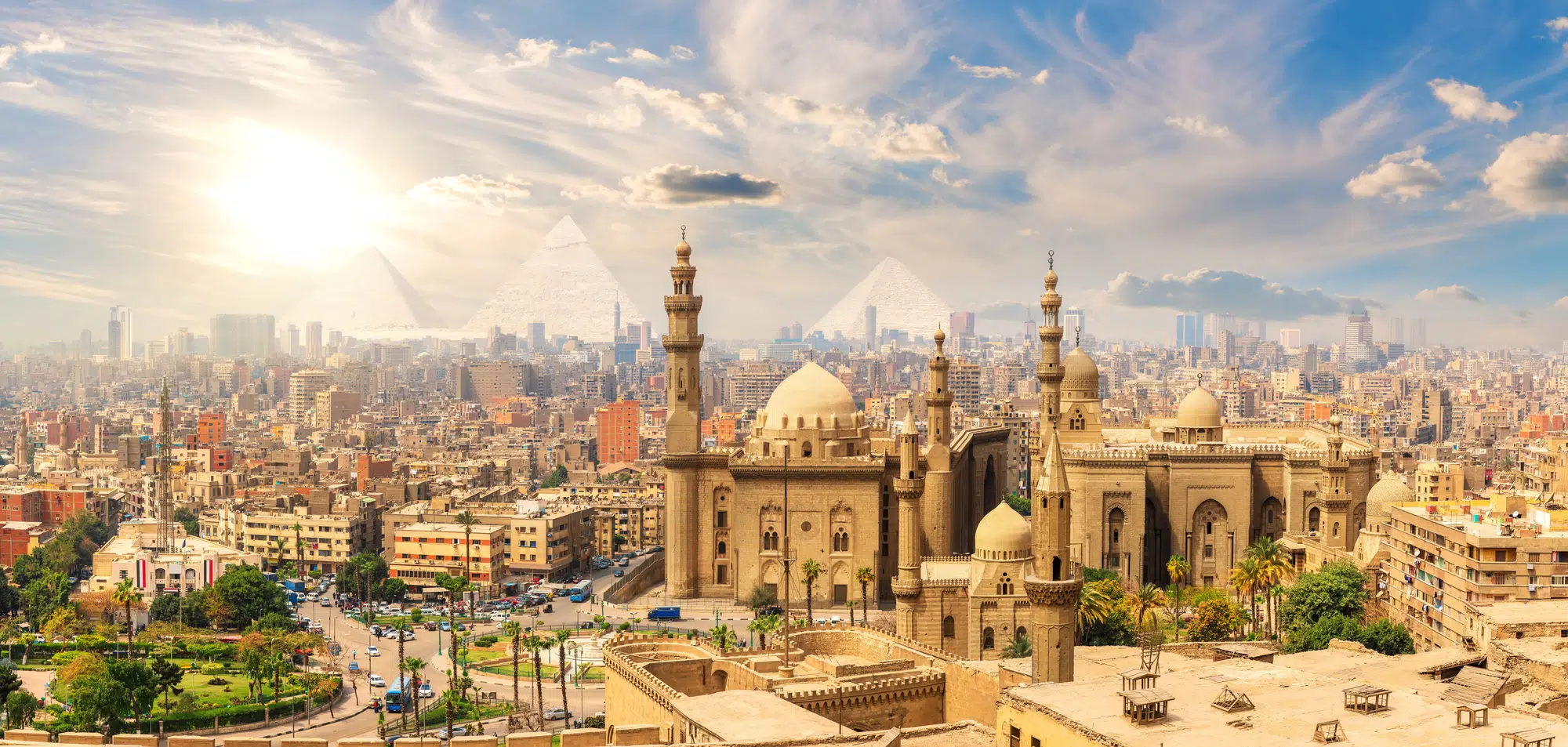 Travel News from AFRICA. Mosque-Madrasa of Sultan Hassan, beautiful panorama of Cairo landmarks, Egypt.
