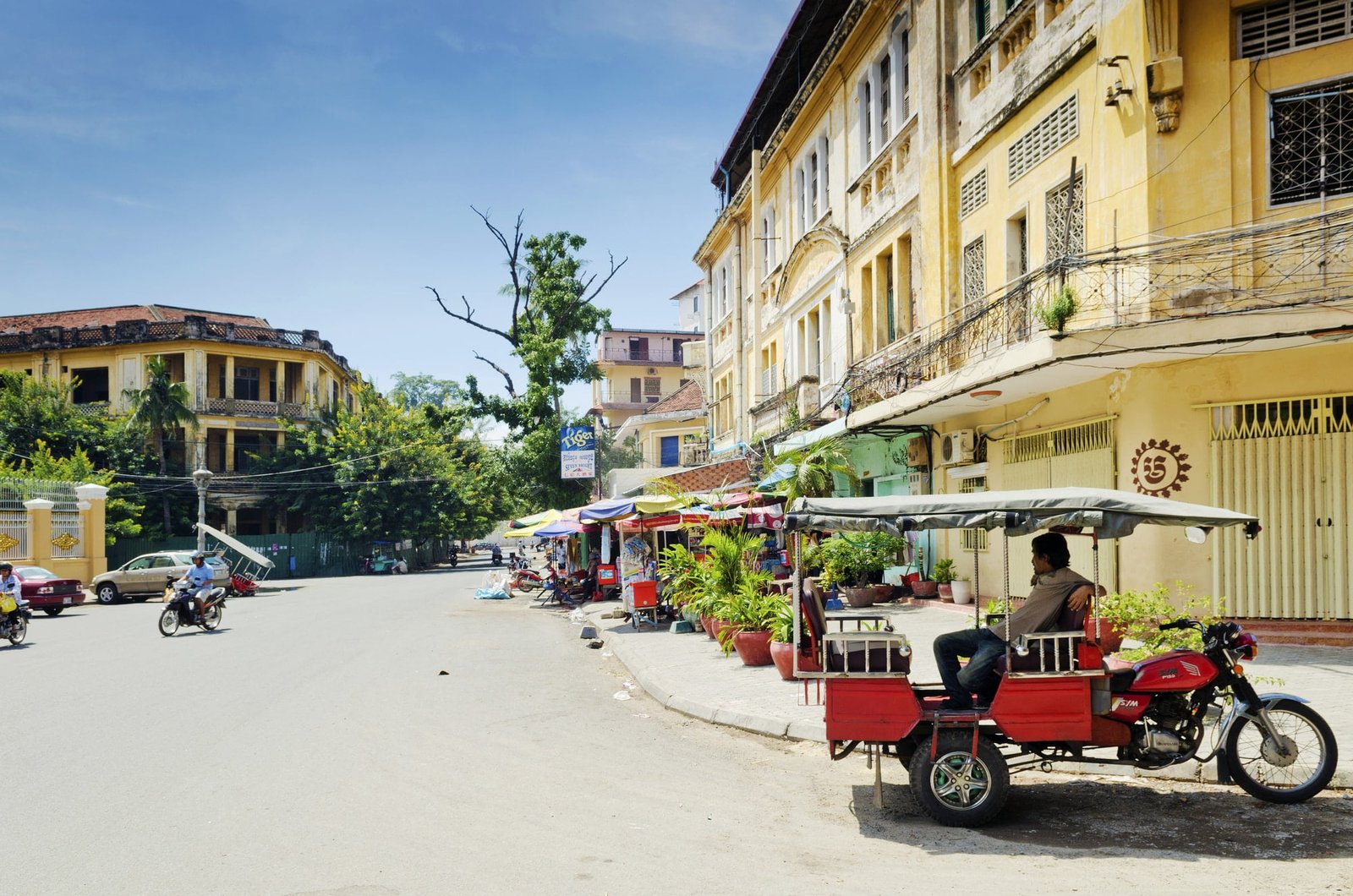 French colonial old town street buildings in Phnom Penh city Cambodia