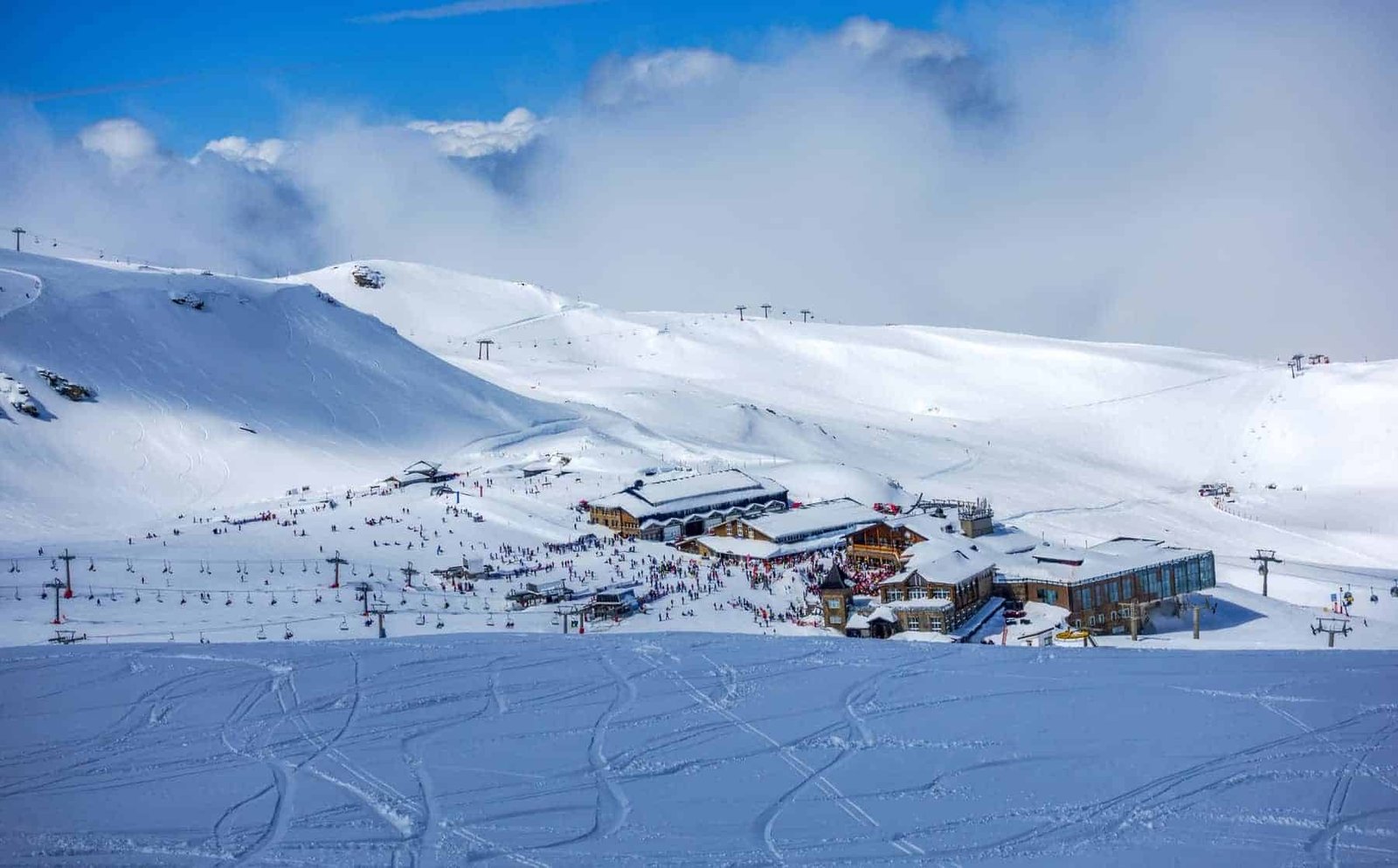Ski slopes of Pradollano ski resort in Sierra Nevada mountains in Spain