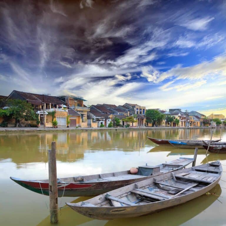 View on the old town of Hoi An from the river. Boats in the foreground. Vietnam