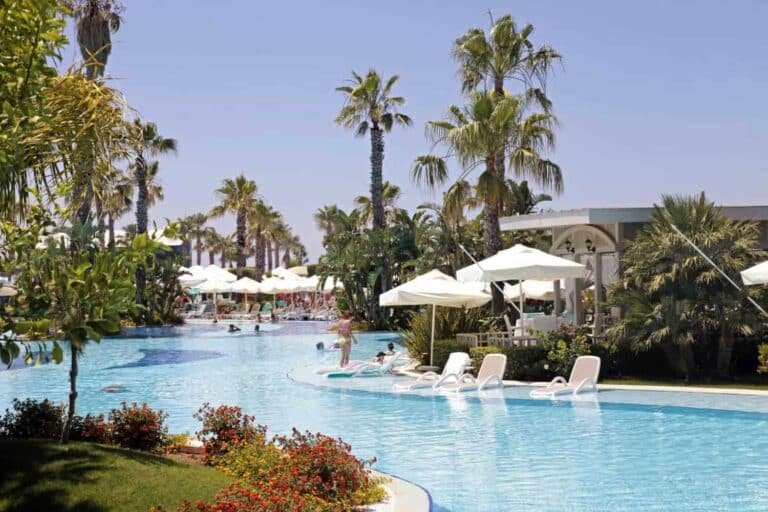 Belek Summer view with resort swimming pool in Belek, Turkey