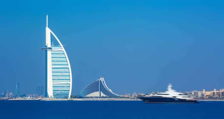 Dubai city center and luxury hotels on Jumeirah beach,Dubai,United Arab Emirates. Destination, bur