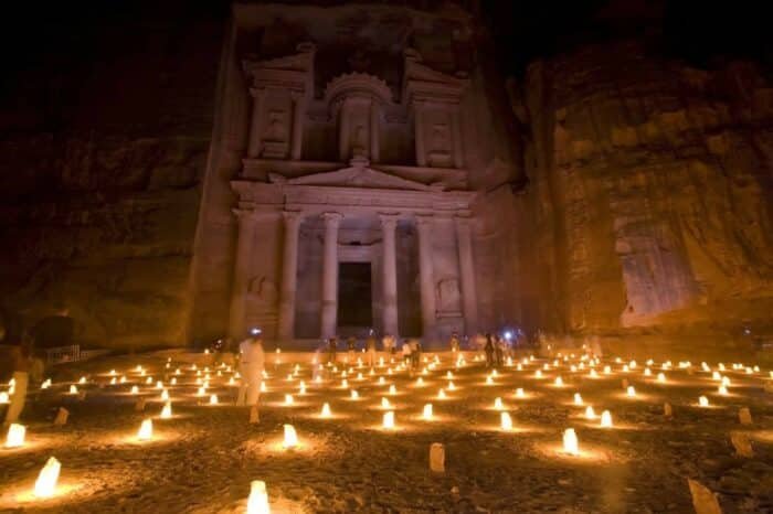 The Treasury at Petra Jordan lit at night