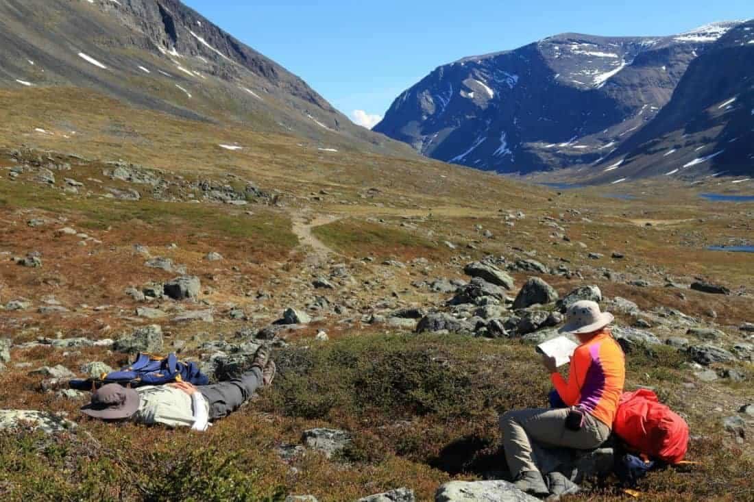 Tent and camping equipment on the Kungsleden trail in Sweden. The Kungsleden ("The King's Trail" or "The Trail of Kings") is one of Sweden's most famous hiking trails and runs for a total of 450 kilometres through Swedish Lapland, 200 kilometres north of the Arctic Circle.