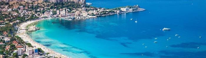 Panoramic view on Mondello white sand beach in Palermo, Sicily. Italy.