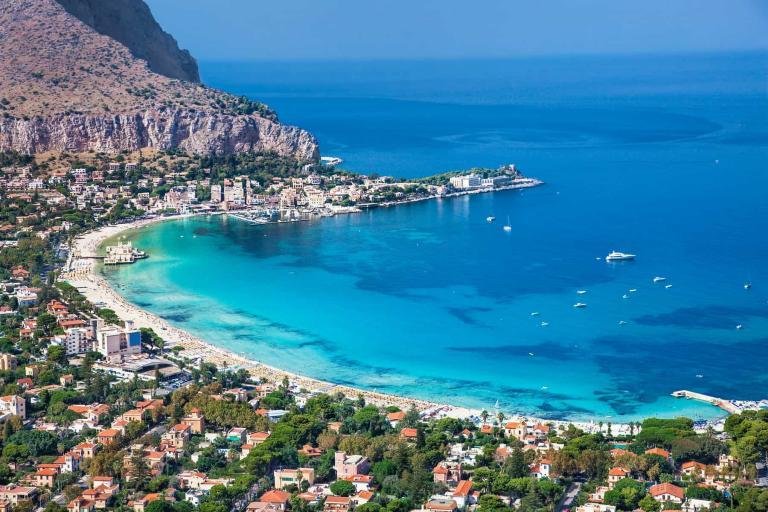 Panoramic view on Mondello white sand beach in Palermo, Sicily. Italy.