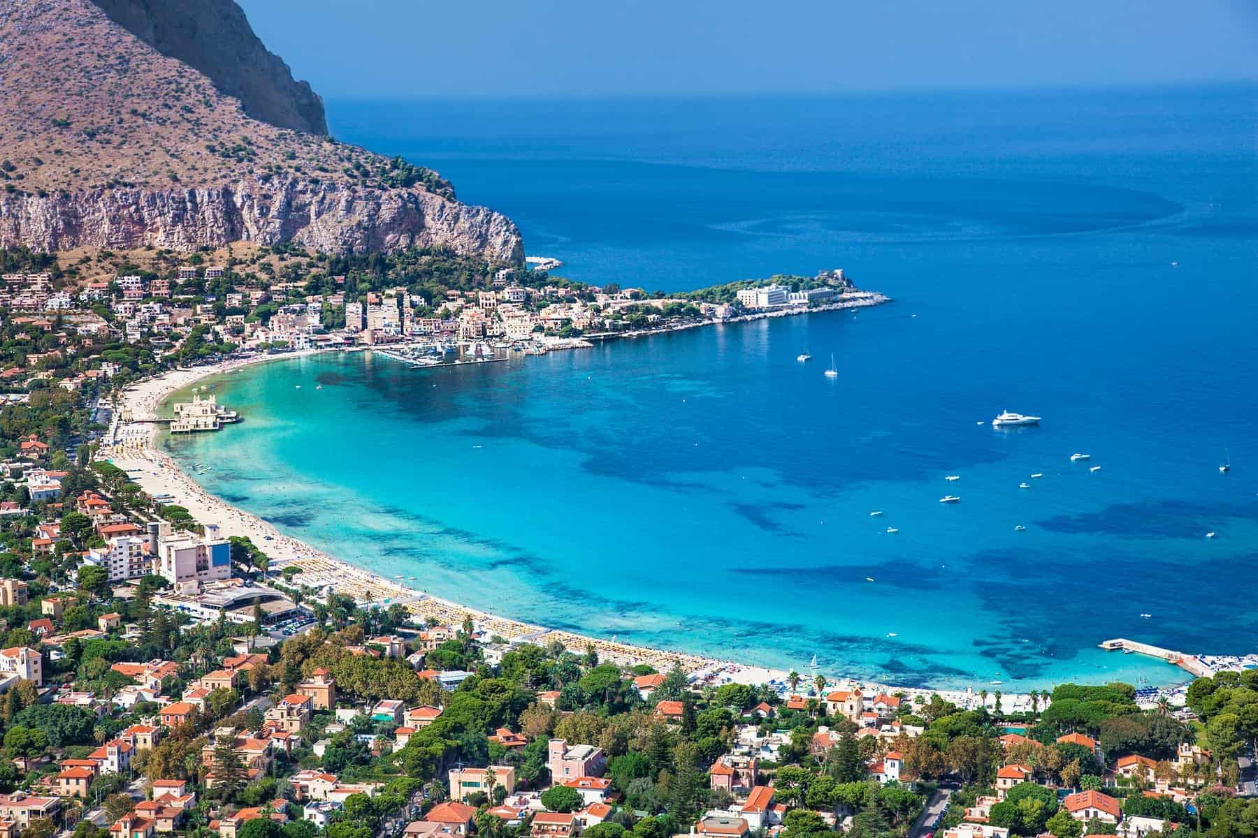 Panoramic view on Mondello white sand beach in Palermo, Sicily. Italy.