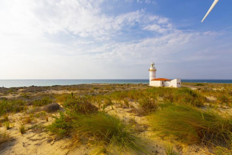 The lighthouse Grenen (called Grey Tower) near Skagen (Denmark, North Jutland) at the junction of Skagerrak (North Sea) and Kattegat (Baltic Sea)