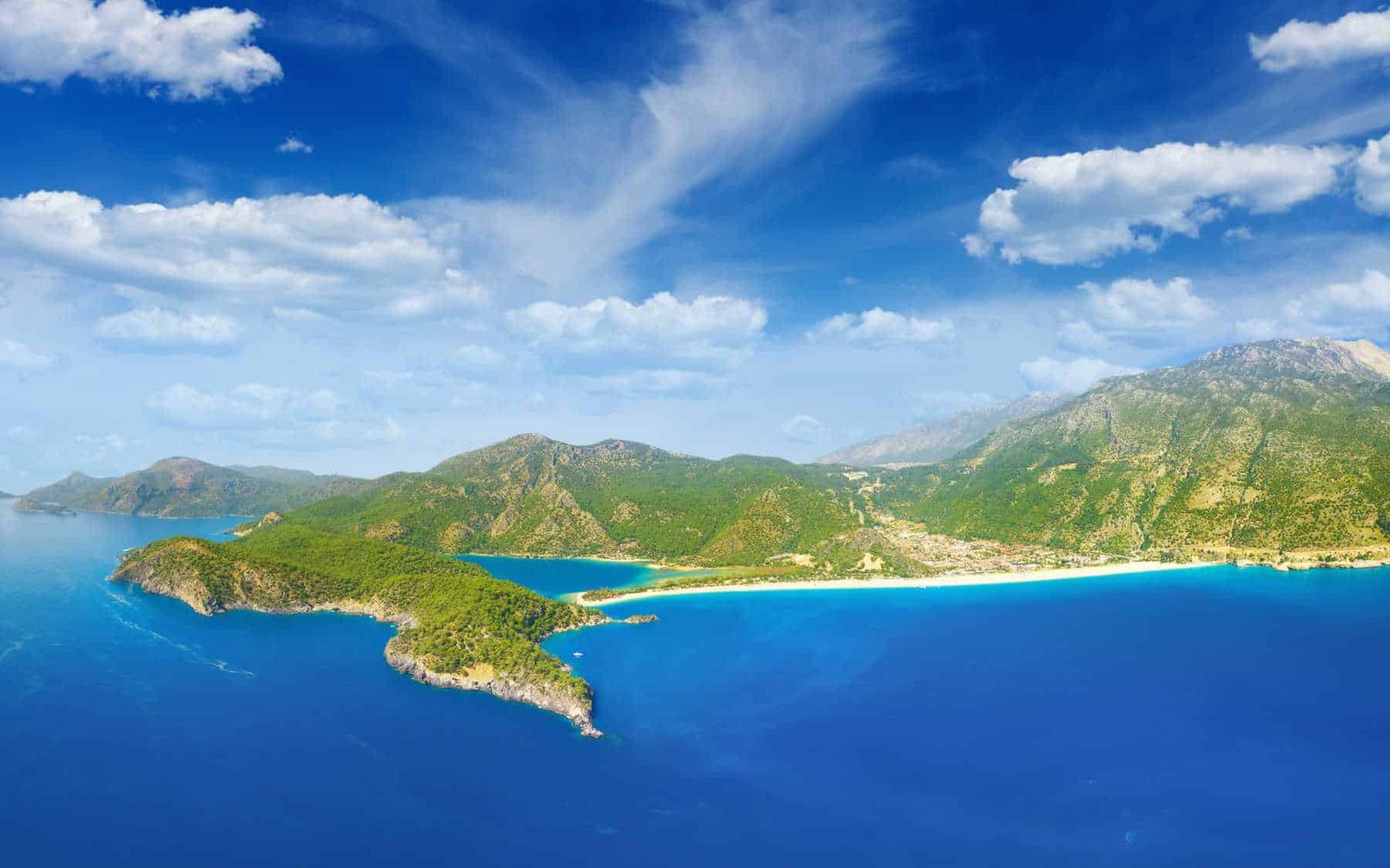 Aerial view of beautiful blue lagoon and coastline in Oludeniz, Fethiye district, Turquoise Coast of southwestern Turkey