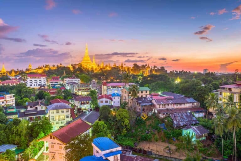 Yangon, Myanmar skyline with Shwedagon Pagoda.