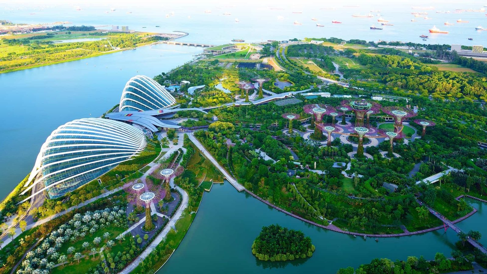 Smallest countries in Asia. Singapore green city overview. Aerial view of Garden by the Bay, Singapore