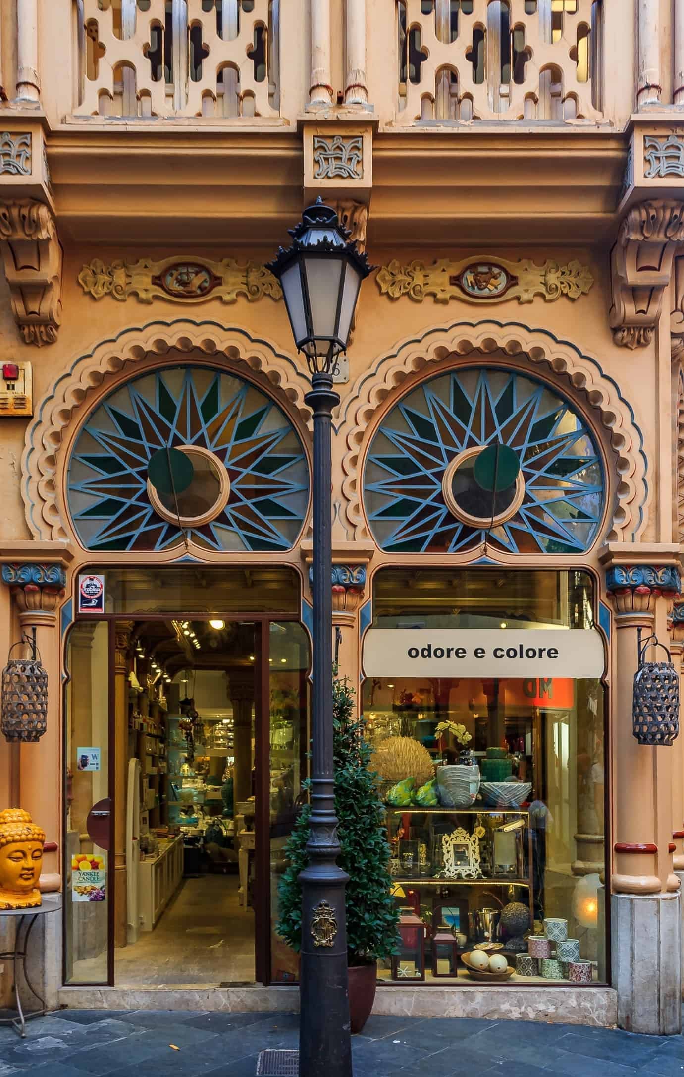 Colorful facade of a building with an Antoni Gaudi inspired architecture design in Palma de Mallorca in Mallorca on Balearic islands in Spain