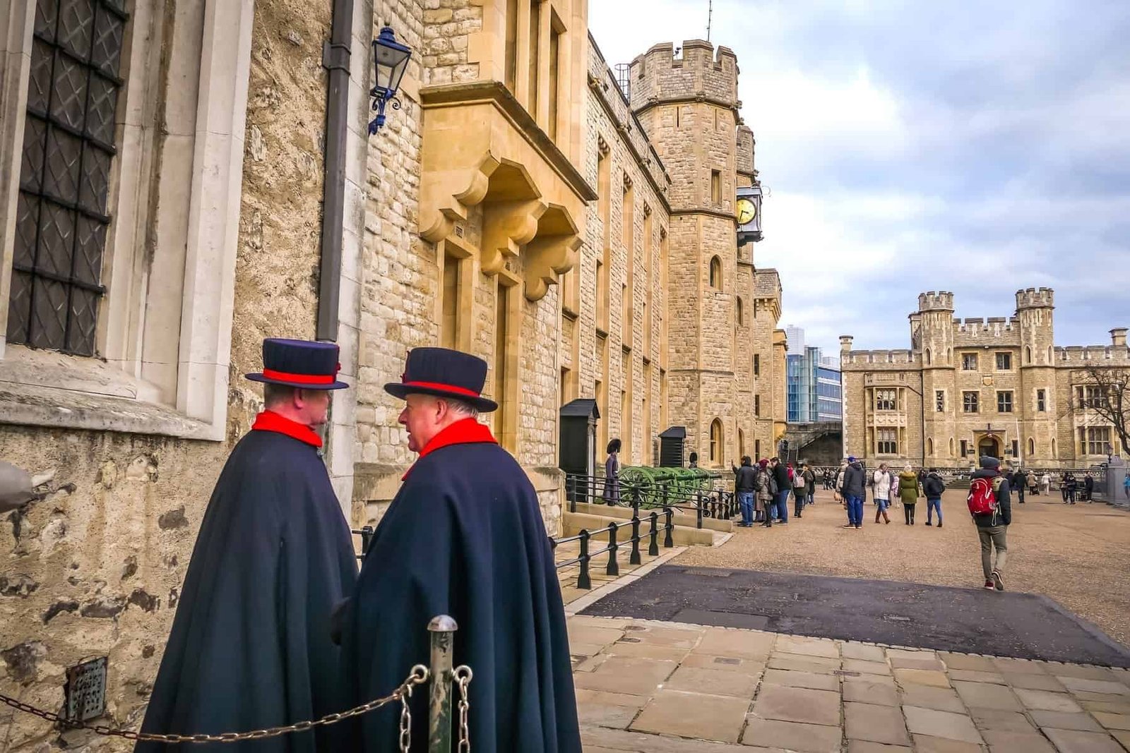 Two Yeomen Warders at Tower of London. Yeomen Warders also known as Beefeaters are ceremonial guardians of the Tower of London.Her Majesty's Royal Palace and Fortress the Tower of London in London.