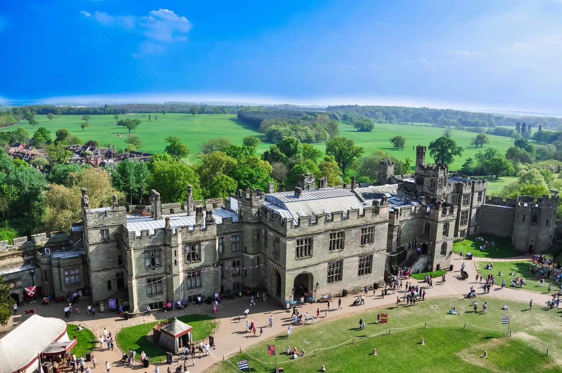 View of Warwick castle on August 5, 2014 in Warwick. Warwick Castle is a medieval castle developed from an original built by William the Conqueror in 1068.