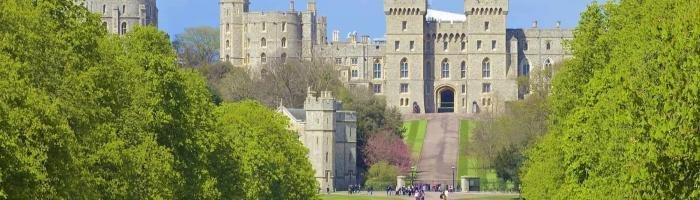 The UK open to tourism. Front spring view of Windsor castle and long walk, England