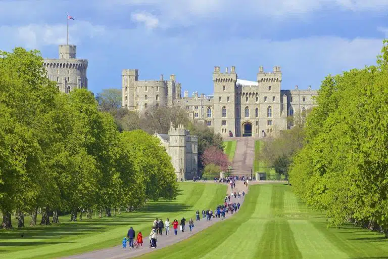 The UK open to tourism. Front spring view of Windsor castle and long walk, England