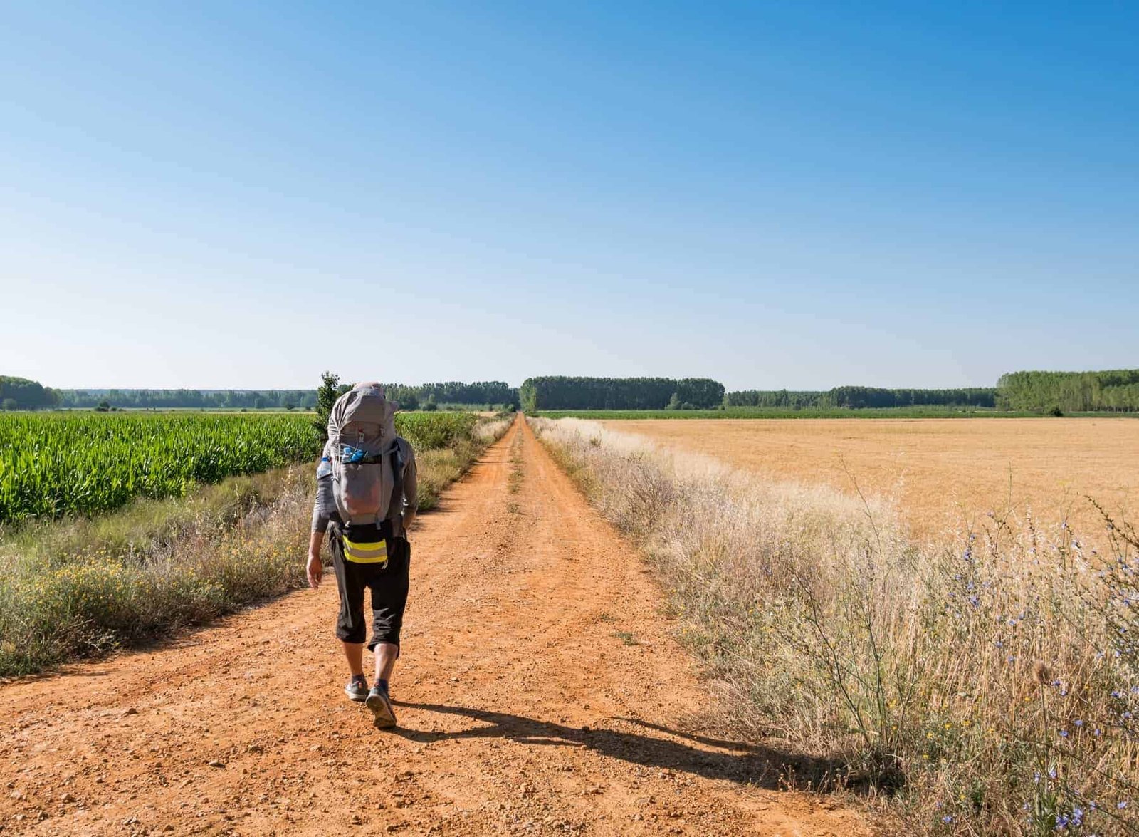 Lonely Pilgrim with backpack walking the Camino de Santiago in Spain