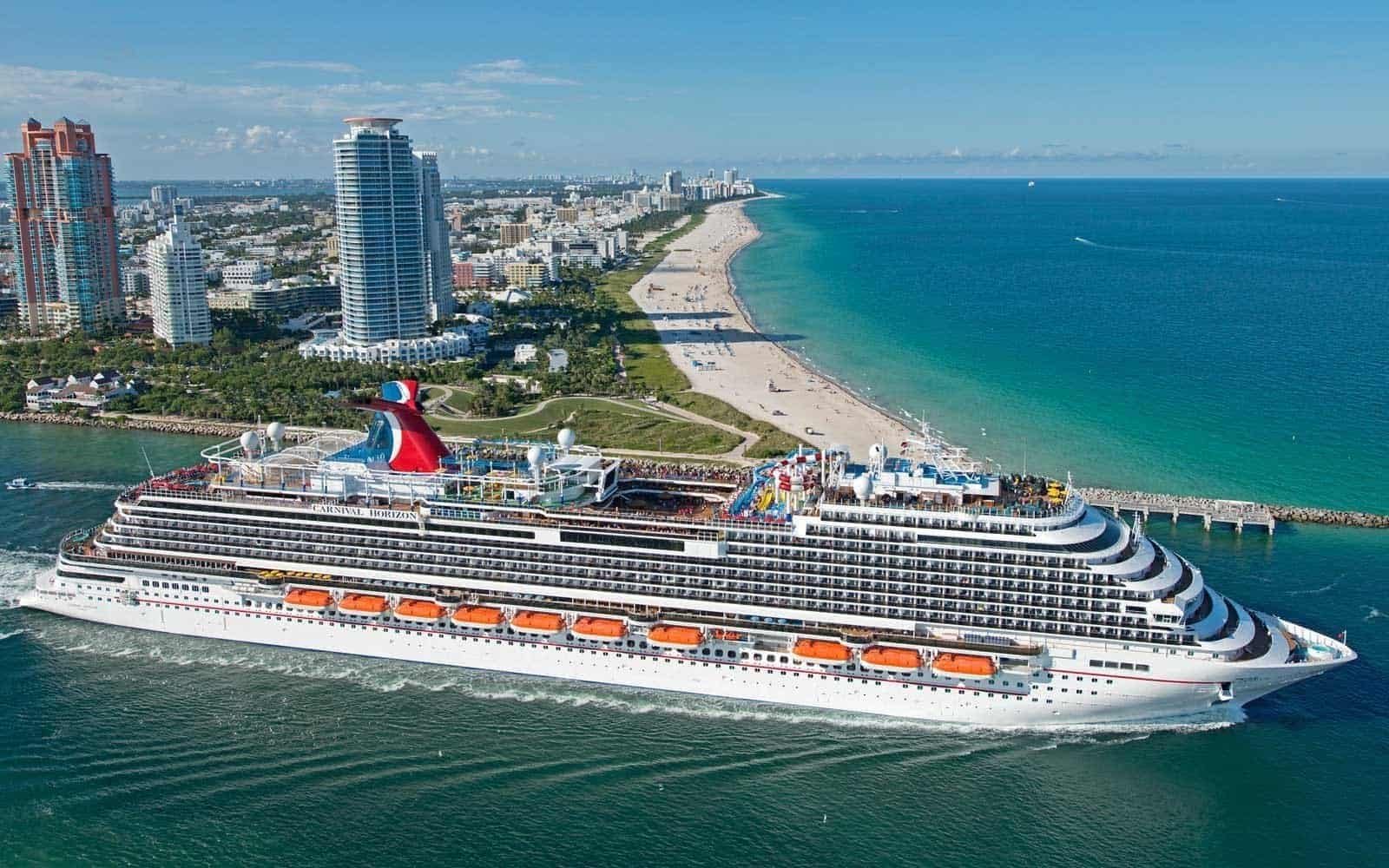 The new Carnival Horizon, the 26th ship for Miami-based Carnival Cruise Line, passes by South Beach in Miami Beach, Fla., on a two-day inaugural cruise Thursday, Sept., 20, 2018. Horizon is cruising on year-round six- and eight-day Caribbean voyages from PortMiami. The 1,055-foot-long vessel accommodates more than 4,000 guests and some 1,450 crew members. FOR EDITORIAL USE ONLY (Andy Newman/Carnival Cruise Line/HO)
