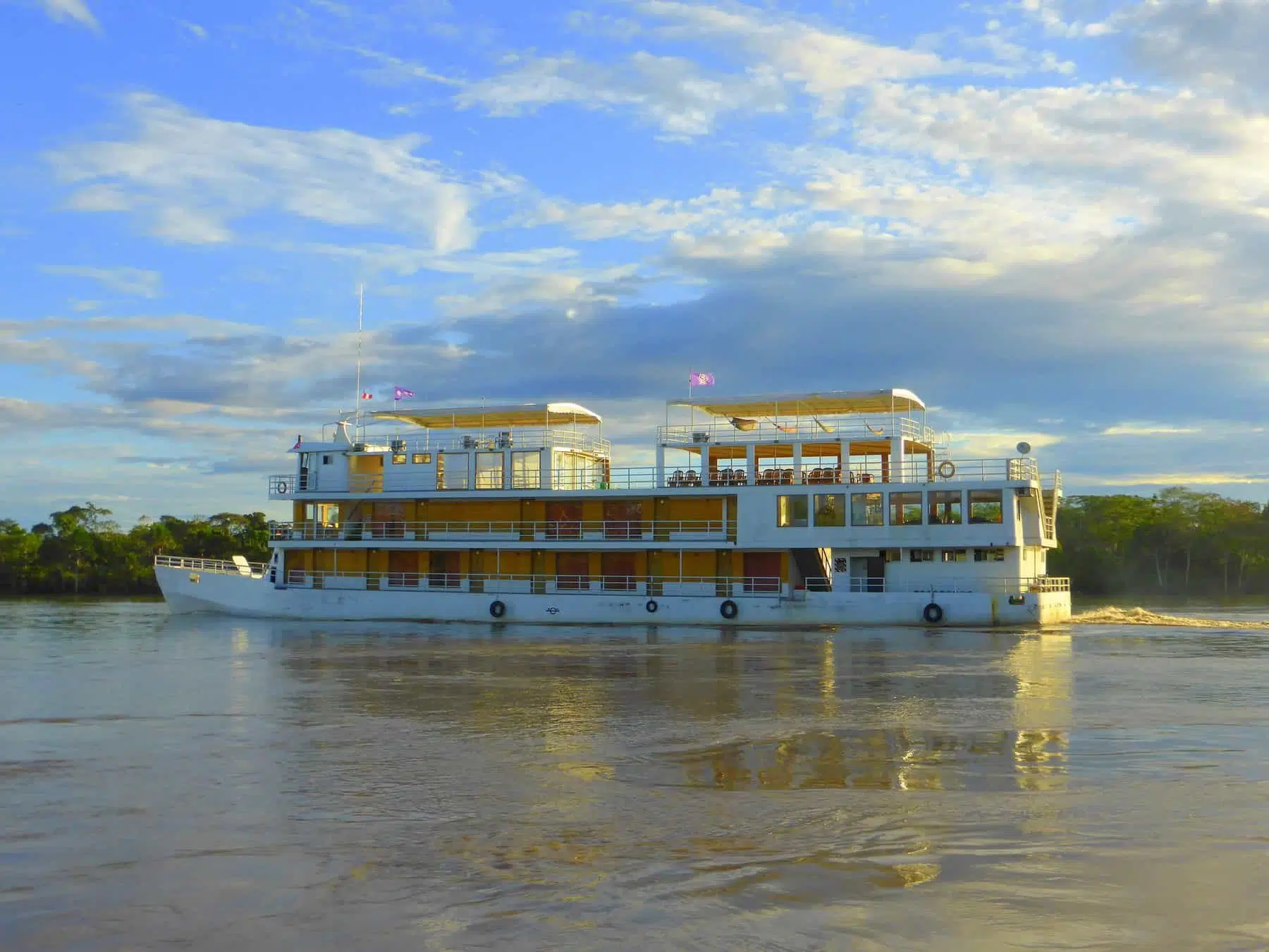 The riverboat Queen Violeta cruising along the River Amazon in Peru.