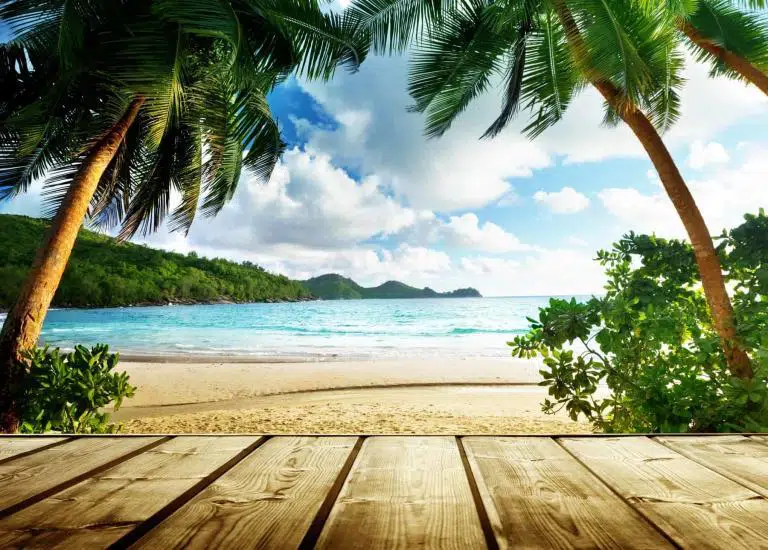 Seychelles beach and wooden pier