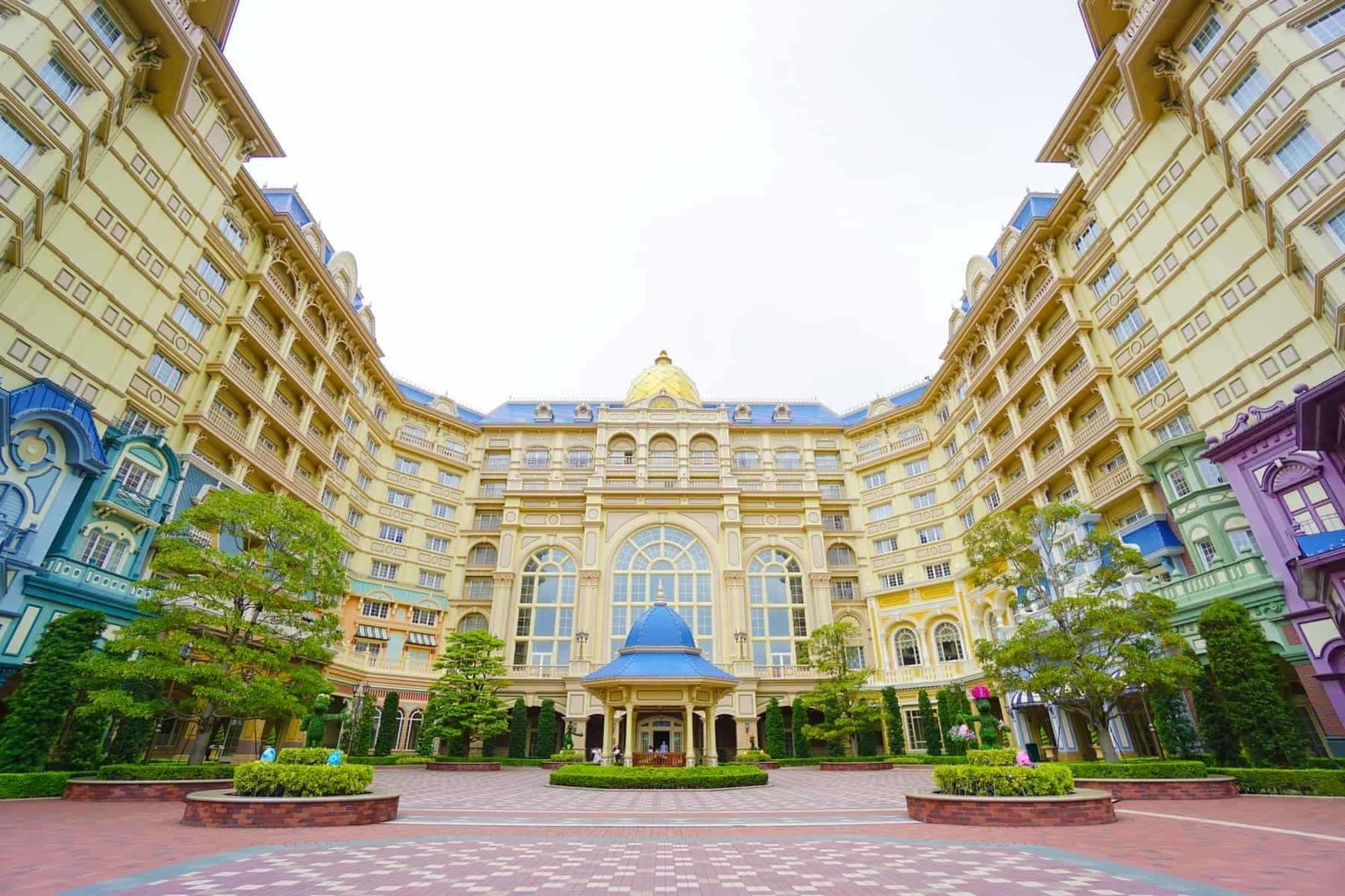The Tokyo Disneyland Hotel located in front of the Tokyo Disneyland park with the Tokyo Disneyland station of the Disney Resort Line monorail system in Chiba, Japan