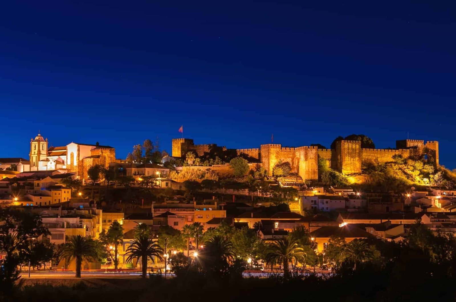 Panoramic view of Silves by night, Algarve, Portugal