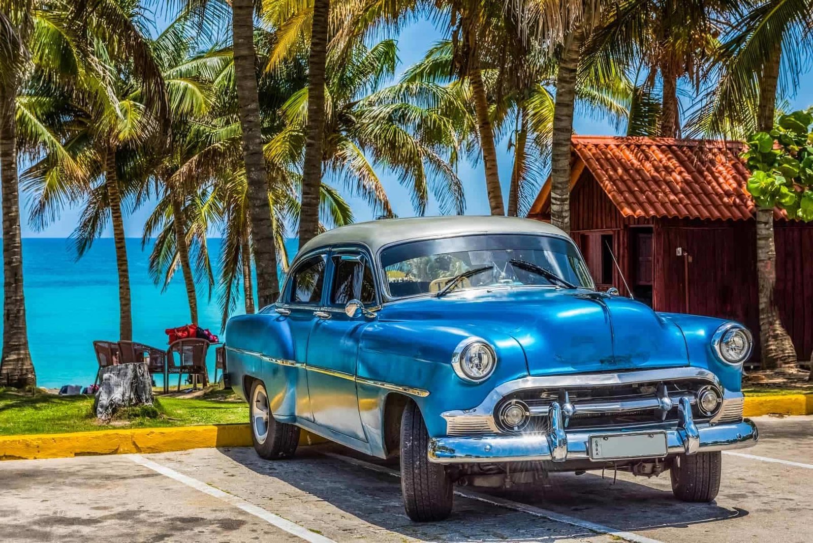 Varadero, Cuba - American blue Chevrolet classic car with silver roof parked on the beach in Varadero Cuba - Serie Cuba Reportage