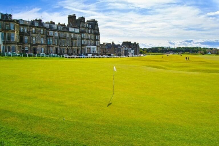 Golf St Andrews old course links, fairway and stone bridge on Hole 18. Fife, Scotland, Uk, Europe.