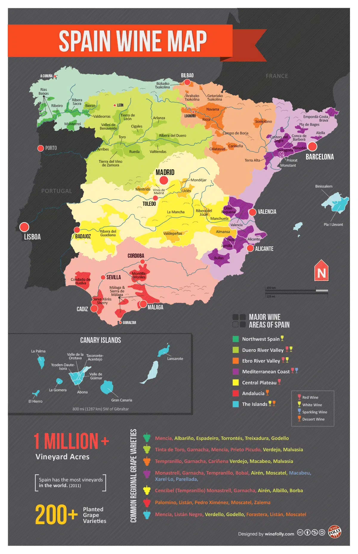 Vineyard map of Spain showcasing major wine regions and popular wine areas for wine tourism and tasting.