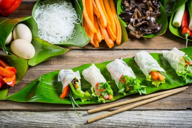 Vietnamese food: Spring rolls with vegetables and chicken. Spring rolls with vegetables and chicken