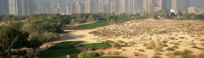 Lush golf course with city skyline and modern skyscrapers in the background, sunny day at Dubai golf course.