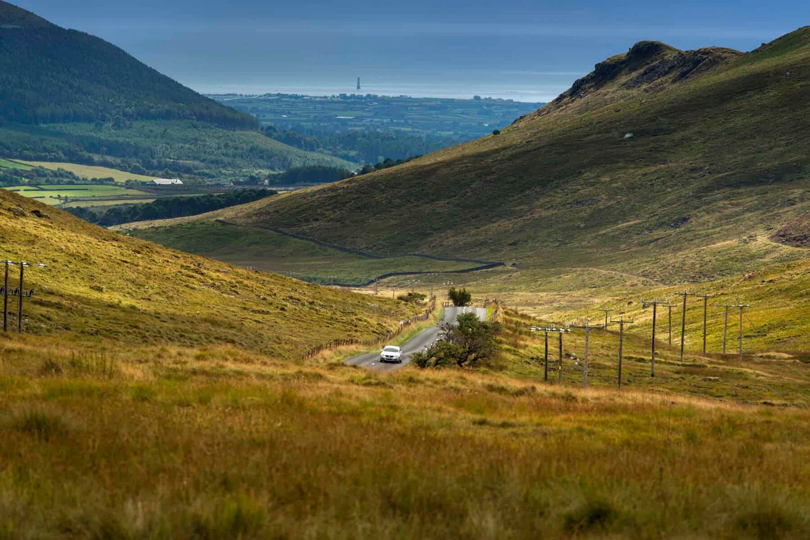 Vibrant green valley with blooming wildflowers and rolling hills under a partly cloudy sky.