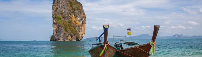 Tropical beach, traditional long tail boats, Andaman Sea, Thailand