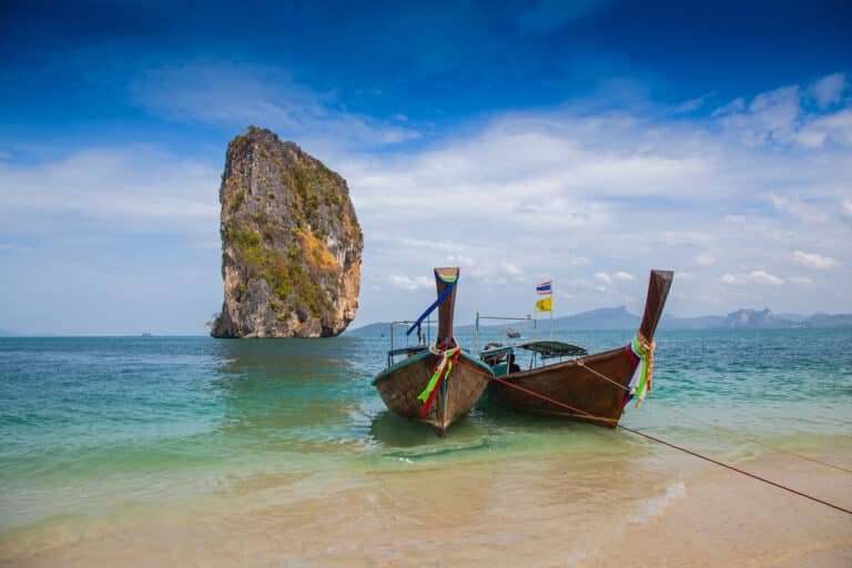 Tropical beach, traditional long tail boats, Andaman Sea, Thailand