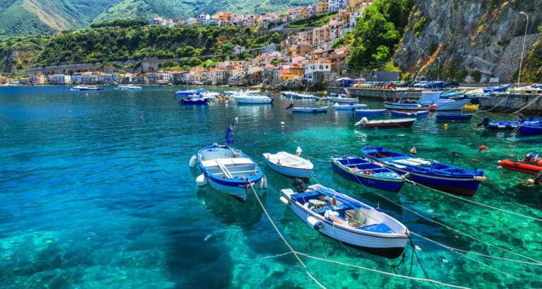 Calabria, Scilla by, view with turquoise sea,traditional boats and houses, Italien