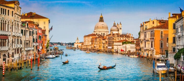 Canal Grande panorama at sunset, Venice, romance