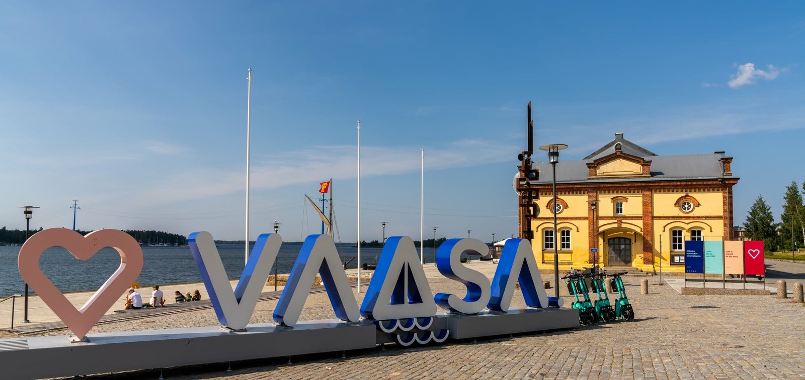 Vaasa harborfront with the old harbormaster building and the Love Vaasa sign, Finland