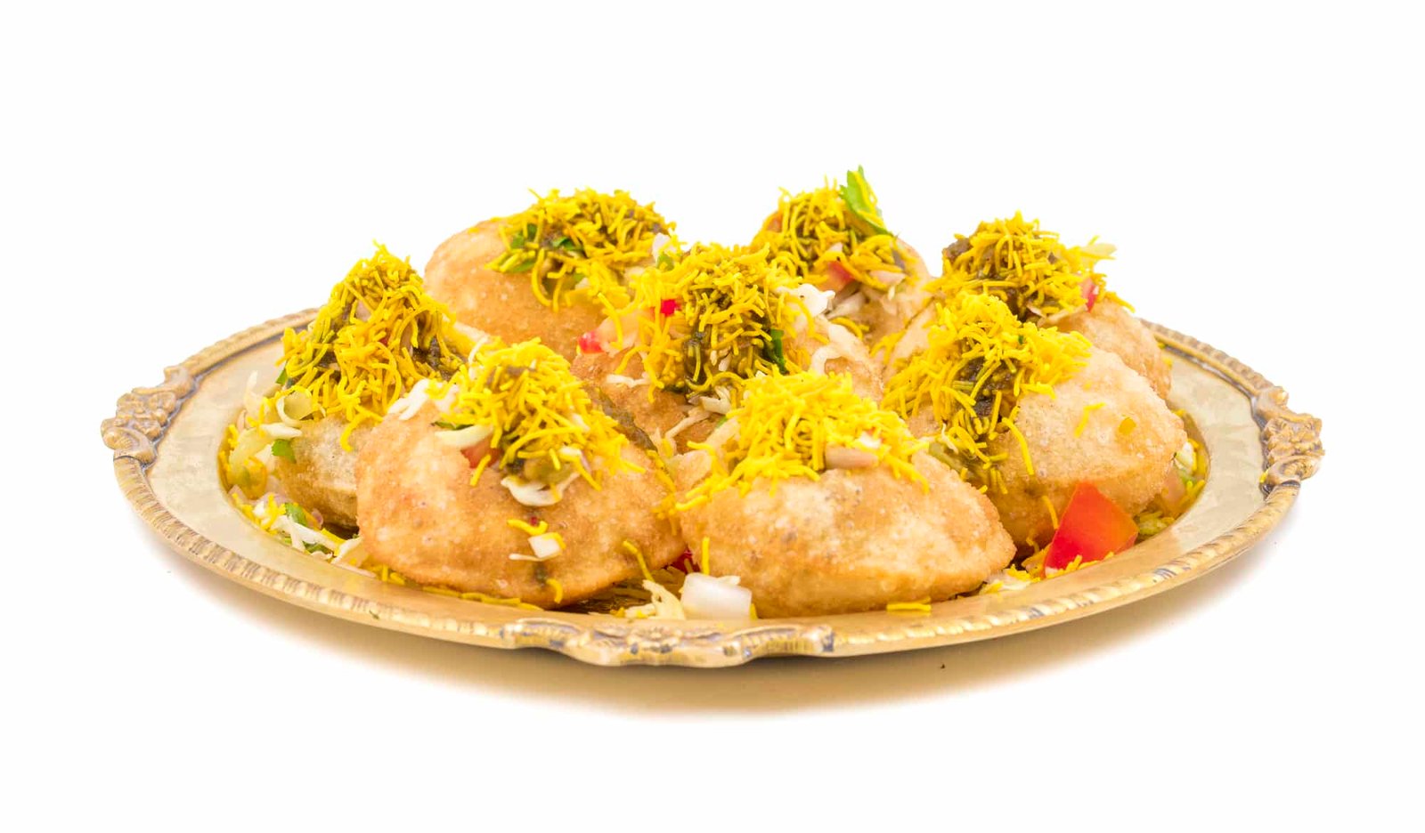 Indian Spicy Chaat , Sev Puri Stuffed With Potato, Sev Namkeen, Coriander, Chutney isolated on White Background. It is a Most Popular Snack of Mumbai, Maharashtra