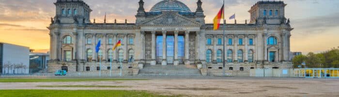 The Reichstag building at sunset in Berlin, Germany