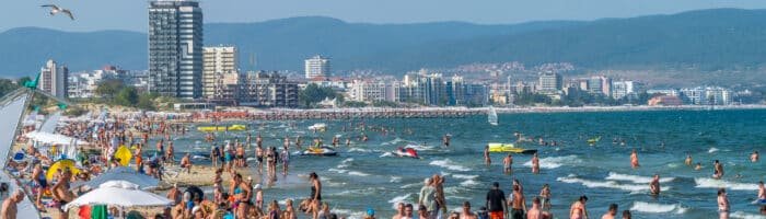 People in the sea at Sunny Beach resort, where the party is at