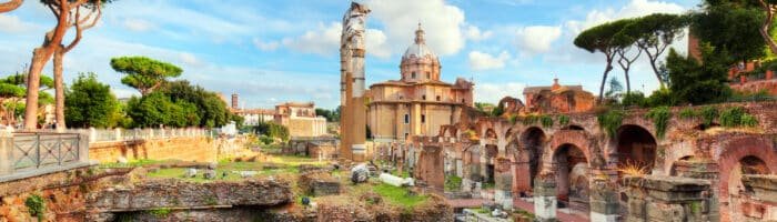 The Roman Forum, Italian Foro Romano in Rome, Italy. Ruins of Roman ancient city.