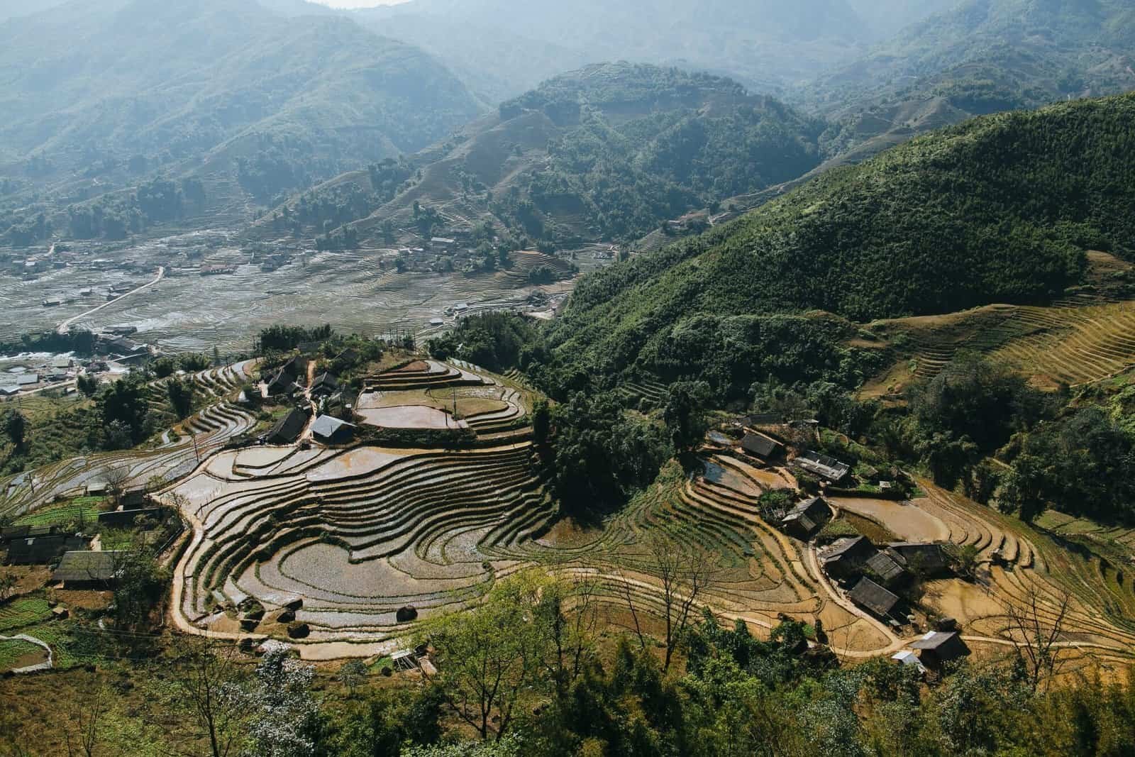 Sa Pa, Vietnam. Agricultural terraces and buildings in beautiful mountains