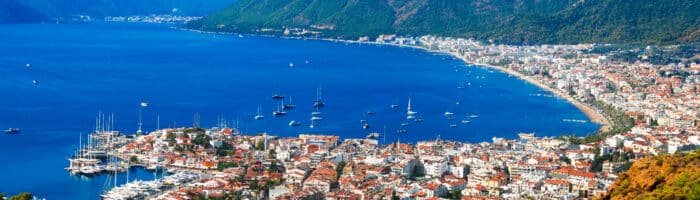 Flight time to Turkey. Sailing in the Turkish Mediterannean. Marmaris harbor on Turkish Riviera.