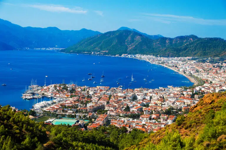 Flight time to Turkey. Sailing in the Turkish Mediterannean. Marmaris harbor on Turkish Riviera.