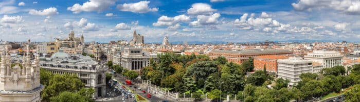 Aerial view Plaza de Cibeles in Madrid in a beautiful summer day, Visit Spain
