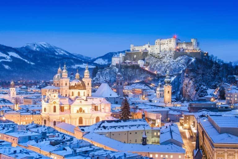 Historic city of Salzburg with Festung Hohensalzburg in winter, Salzburger Land, Austria. Christmas around the world