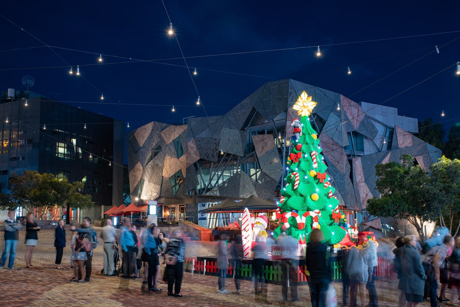 Lego Christmas tree and Santa Claus at Federation Square for celebration